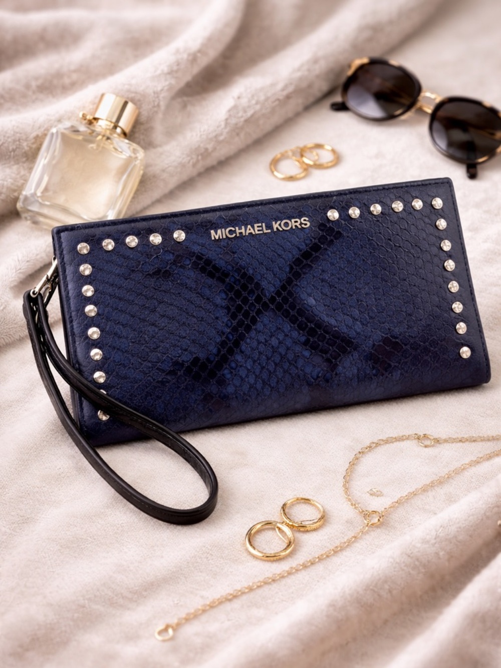 Michael Kors Blue Snakeskin Leather Studded Wristlet Clutch Wallet Zip Pouch
